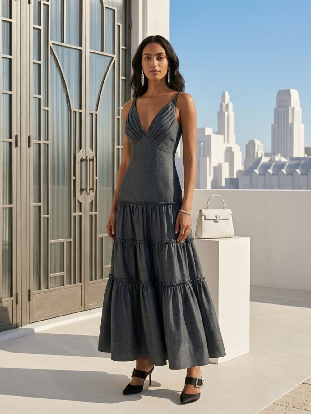 Tadashi Shoji Textured Plunge Neck Tiered Maxi Dress